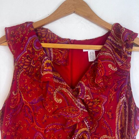 London Times Sleeveless Maxi Dress Bold Red Paisley Print Ruffled Boho Size 10 - Picture 5 of 15